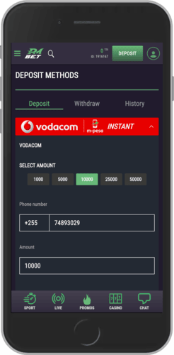 Mobile screenshot of the PMbet depositting money page details