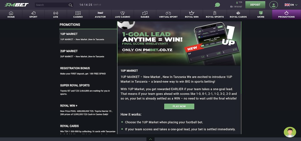 Screenshot of the PMbet bonuses page