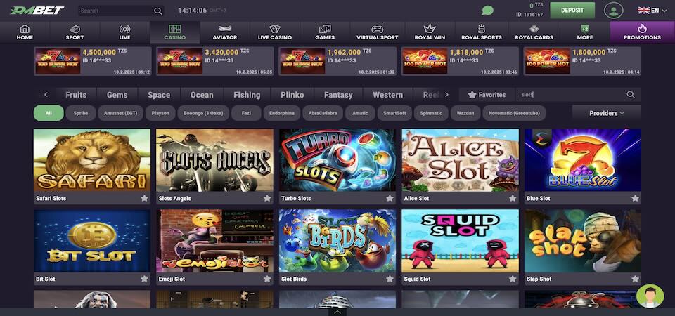 Screenshot of the PMbet casino page