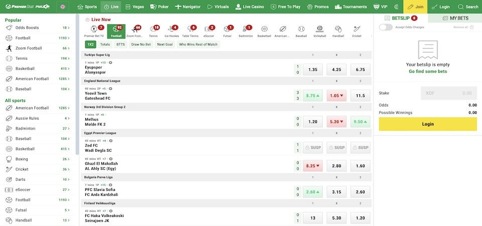 Screenshot of the Premierbet live betting