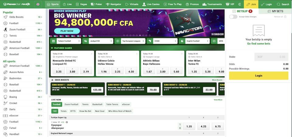 Screenhsot of the Premierbet sports page