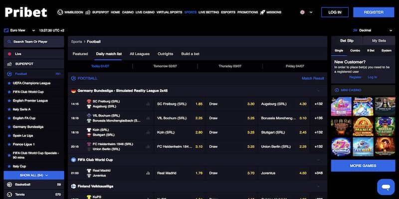 Screenshot of the Pribet sport page for football