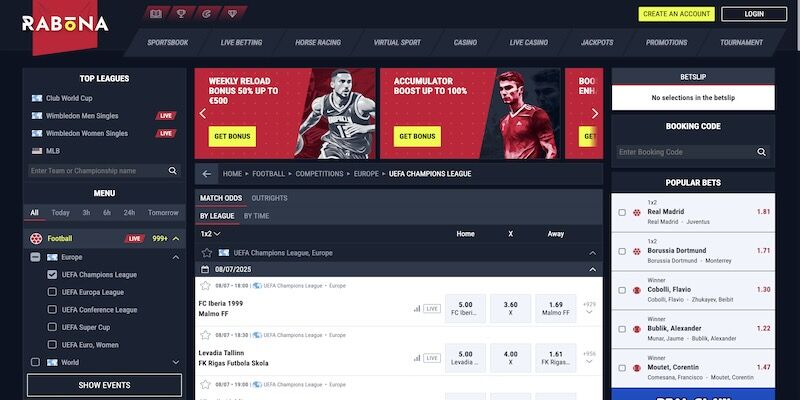 Screenshot of the Rabona sport page for football