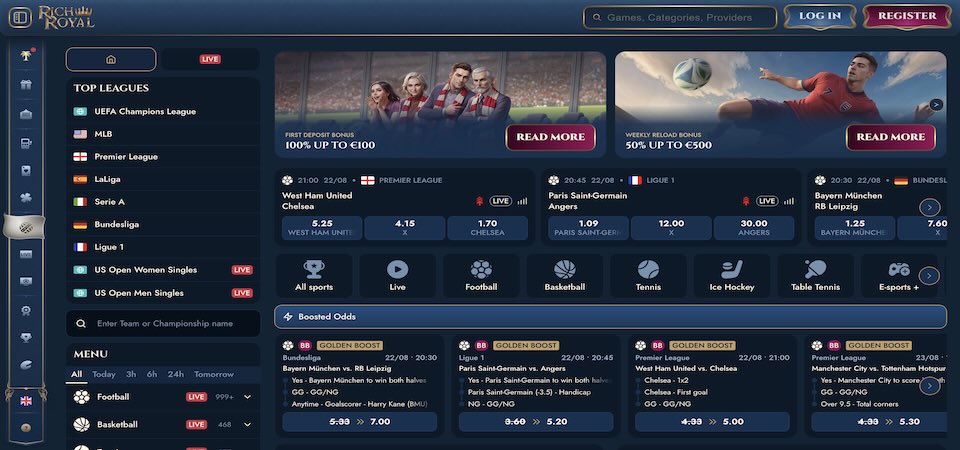 Screenshot of the RichRoyal sports page