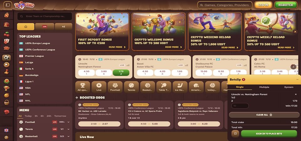 Screenshot of the Roostino sports page