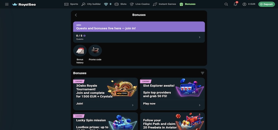 Screenshot of the RoyalSea bonuses page