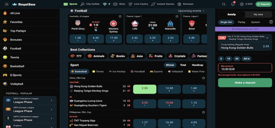 Screenshot of the RoyalSea sports page