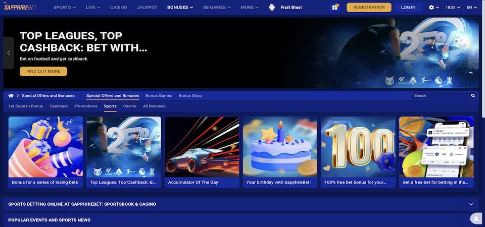 Screenshot of the Sapphirebet bonuses page