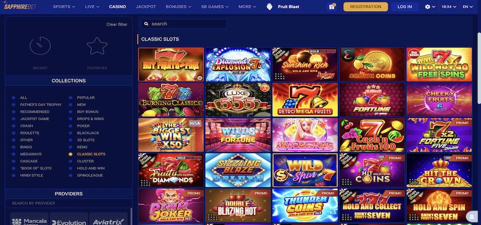 Screenshot of the Sapphirebet casino page