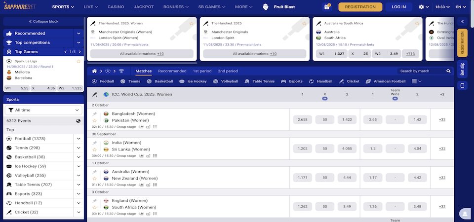 Screenshot of the Sapphirebet sport page