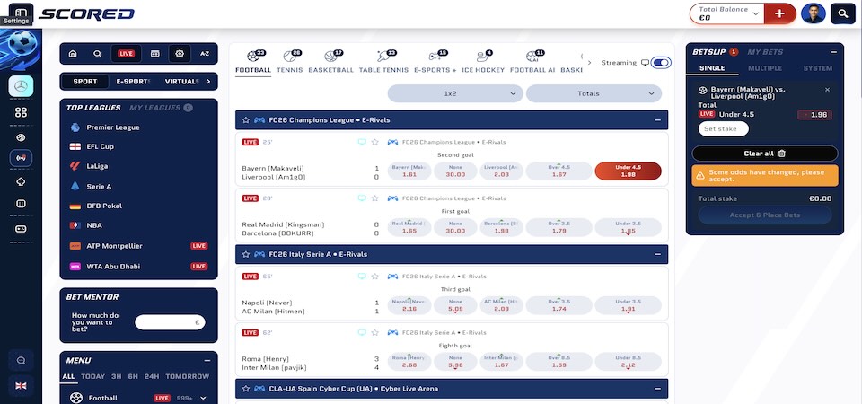 Screenshot of the Scored live sports page