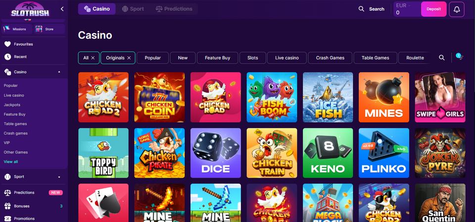 Screenshot of the slotrush Casino page