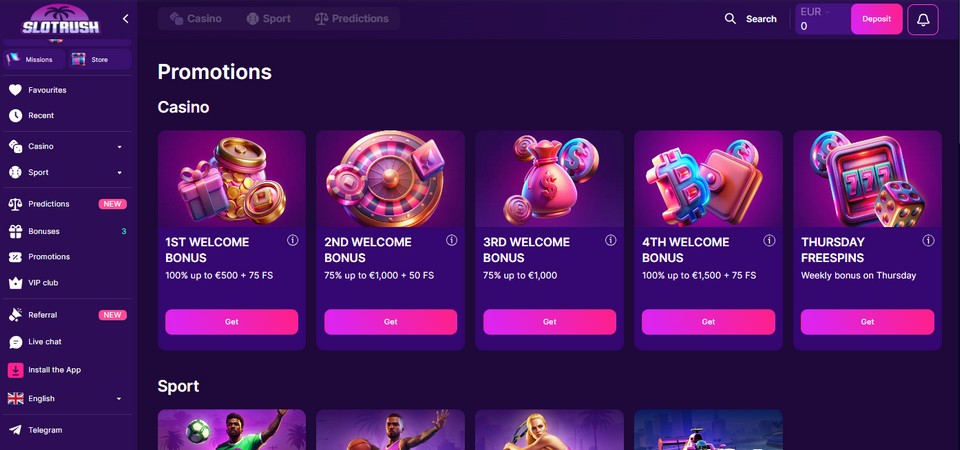 Screenshot of the slotrush promo page