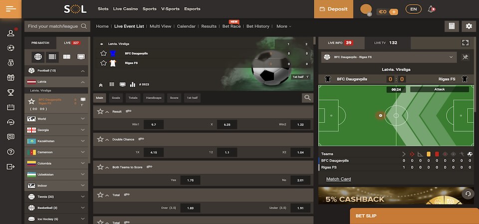 Screenshot of the Sol sport page