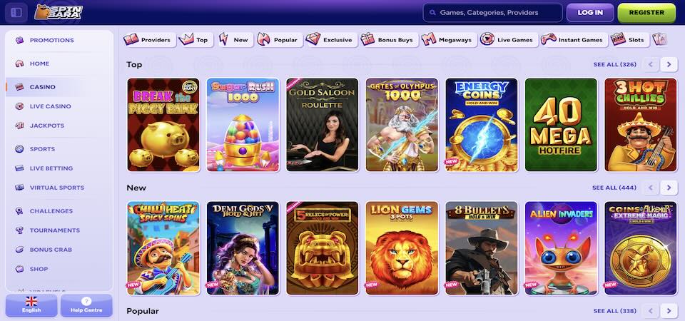 Screenshot of the Spinbara casino page