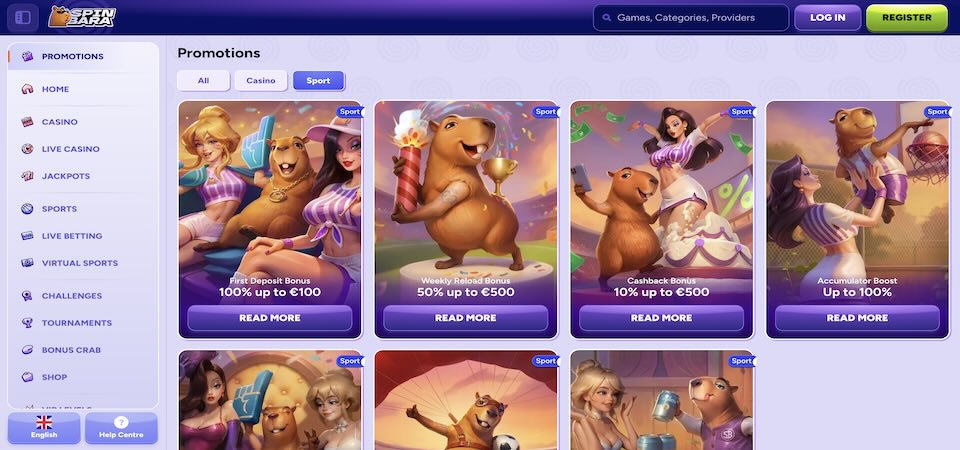 Screenshot of the Spinbara bonuses page
