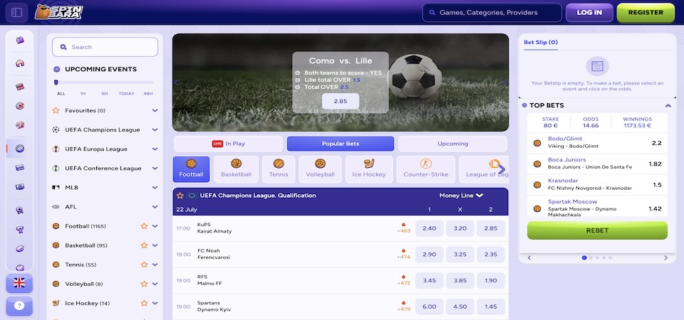Screenshot of the Spinbara sport page