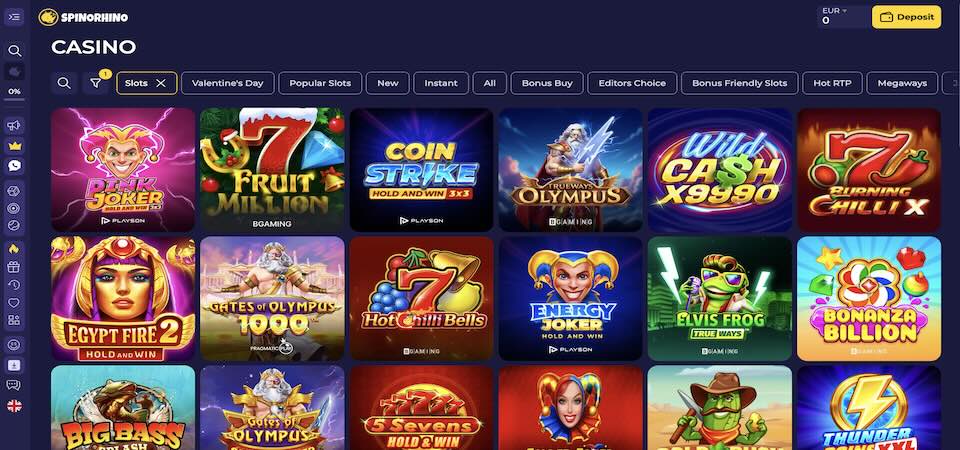 Screenshot of the SpinoRhino casino page