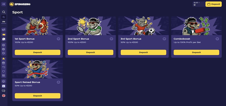 Screenshot of the SpinoRhino bonuses page