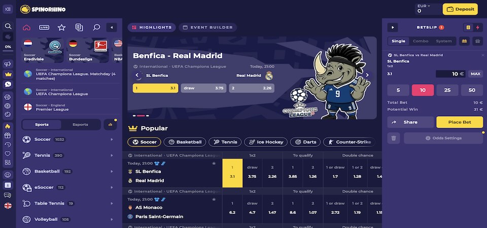 Screenshot of the SpinoRhino sports page