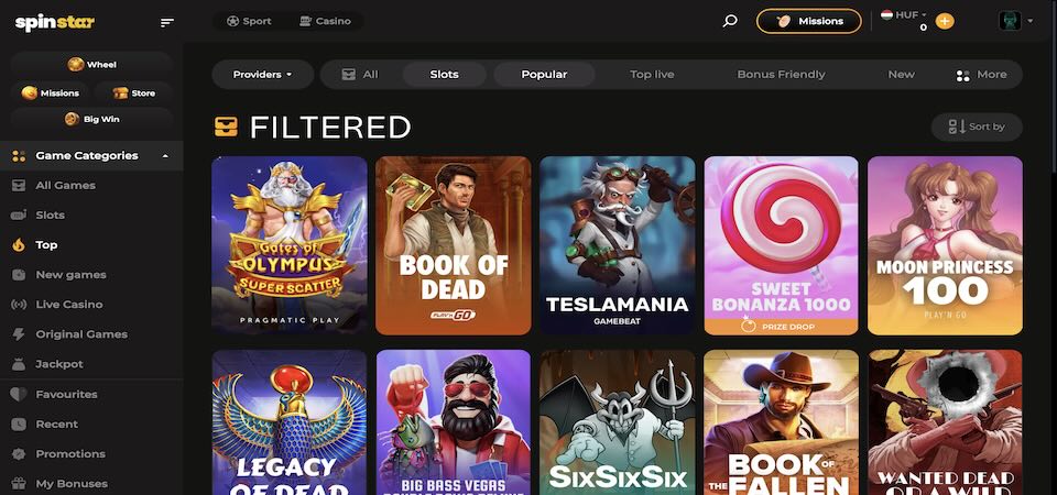 Screenshot of the Spinstar casino page