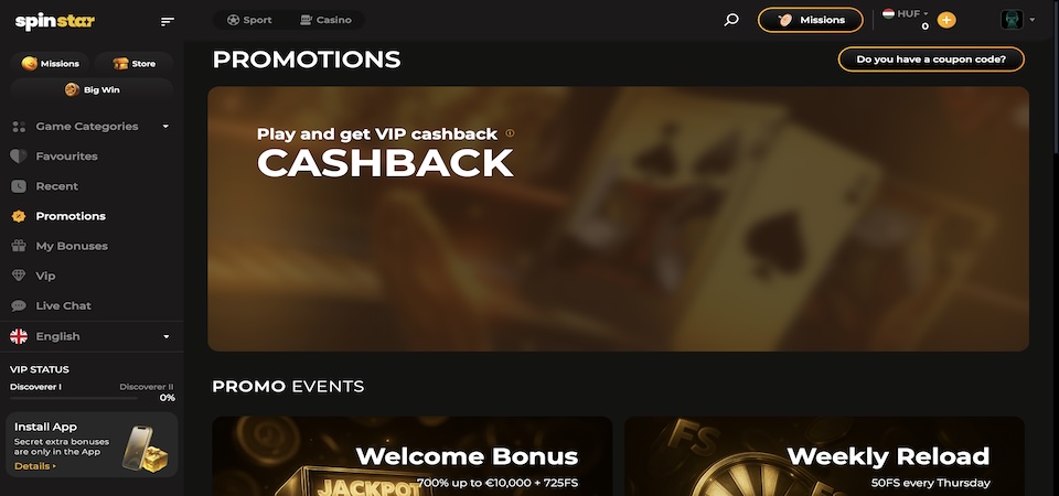 Screenshot of the Spinstar promo page