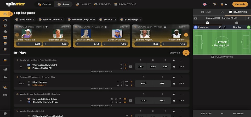 Screenshot of the Spinstar sport page