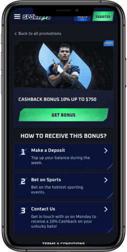 Mobile screenshot of the Sportaza cashback bonus