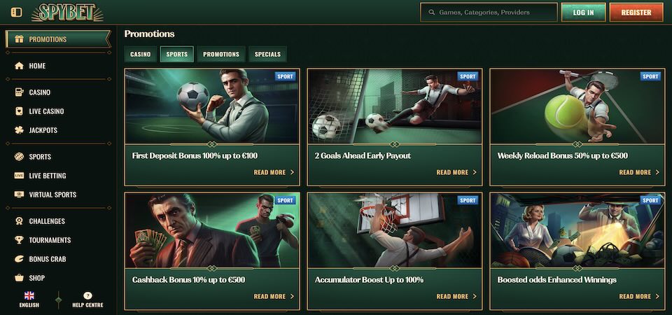 Screenshot of the Spybet promotions page