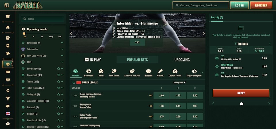 Screenshot of the Spybet sport page