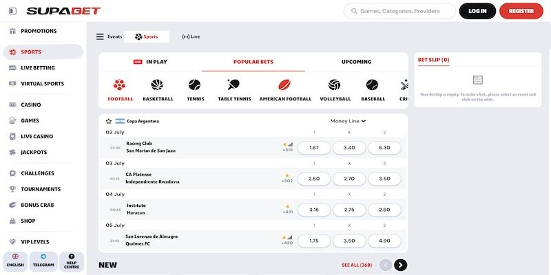 Screenshot of the Supabet sport page