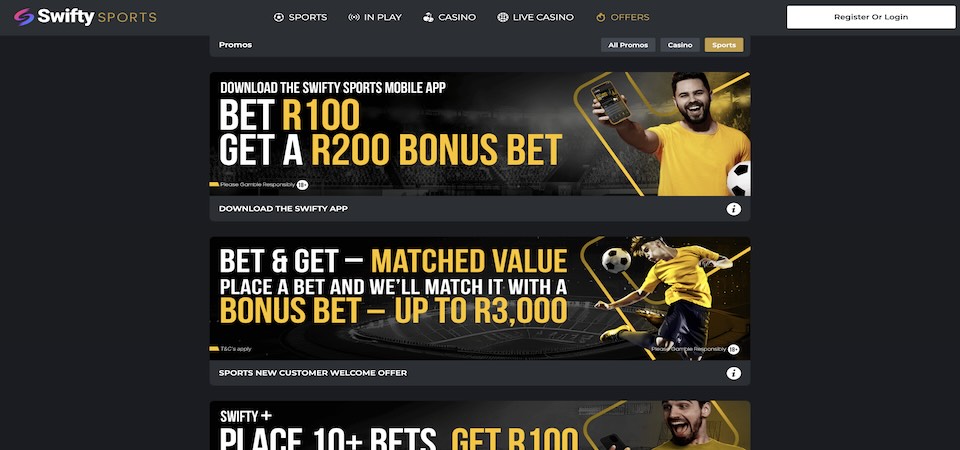 Screenshot of the Swiftysports bonuses page