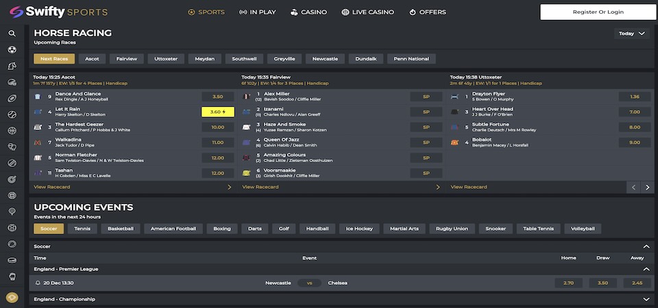 Screenshot of the Swiftysports sports page