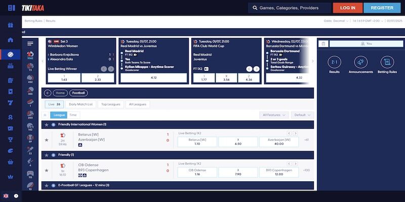 Screenshot of the TikiTaka football page