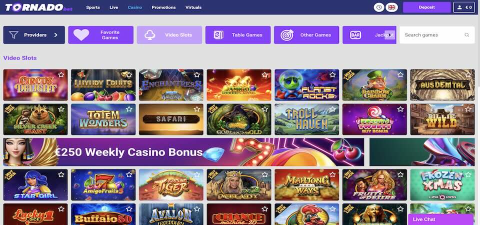 Screenshot of the Tornadobet casino page
