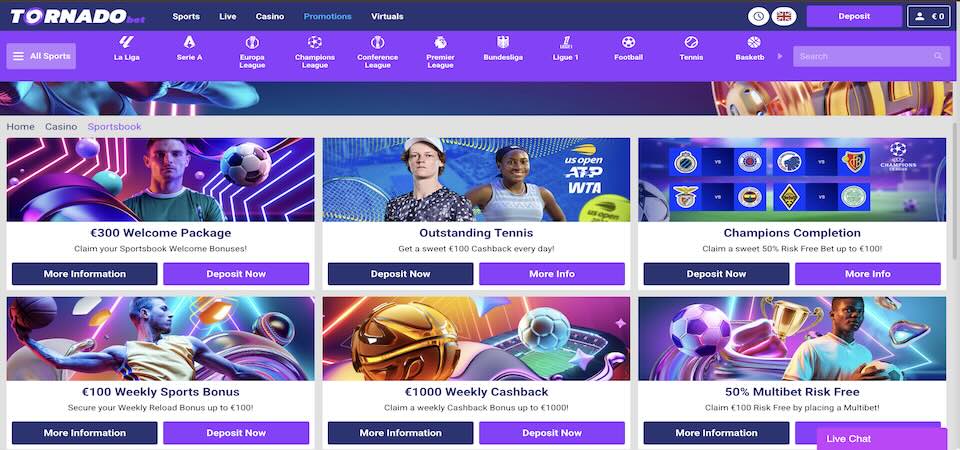 Screenshot of the Tornadobet promotions page
