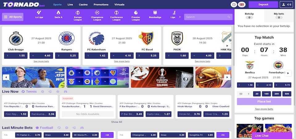 Screenshot of the Tornadobet sports page