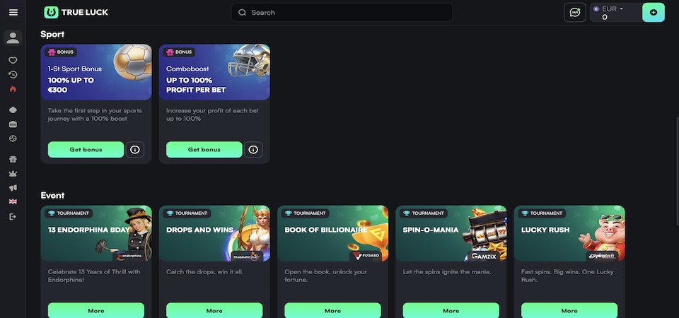 Screenshot of the TrueLuck bonuses page