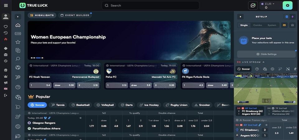 Screenshot of the TrueLuck sports page