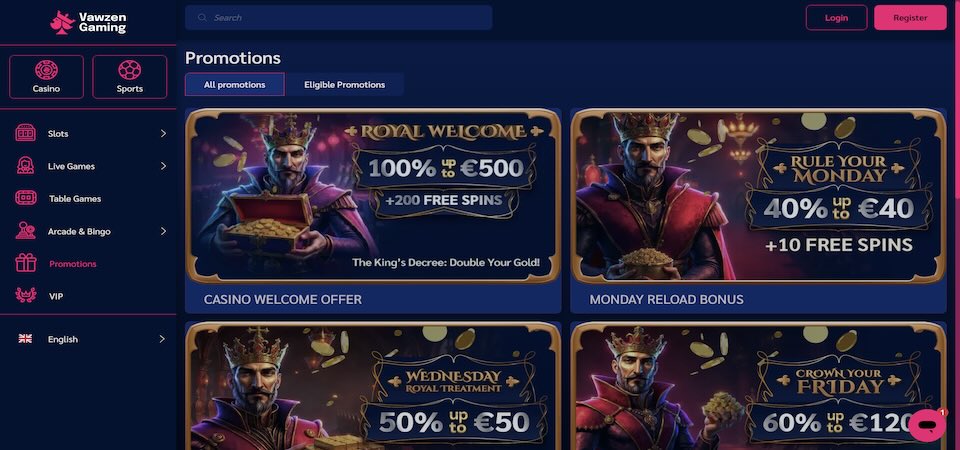 Screenshot of the Vawzen Gaming bonuses page