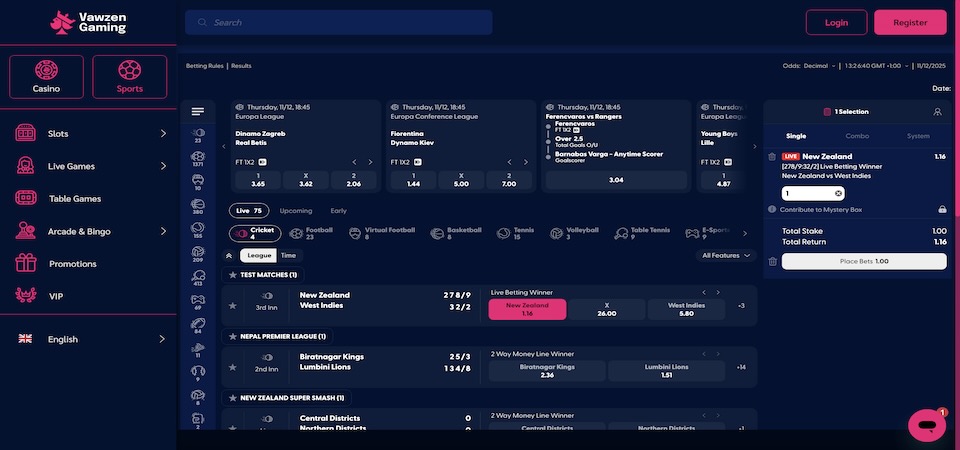 Screenshot of the Vawzen Gaming sports page