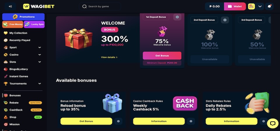 Screenshot of the Wagibet bonuses page