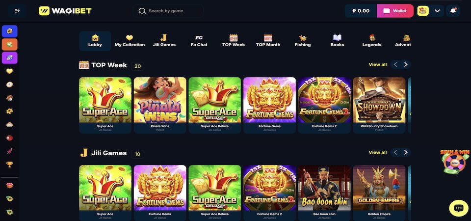 Screenshot of the Wagibet casino page
