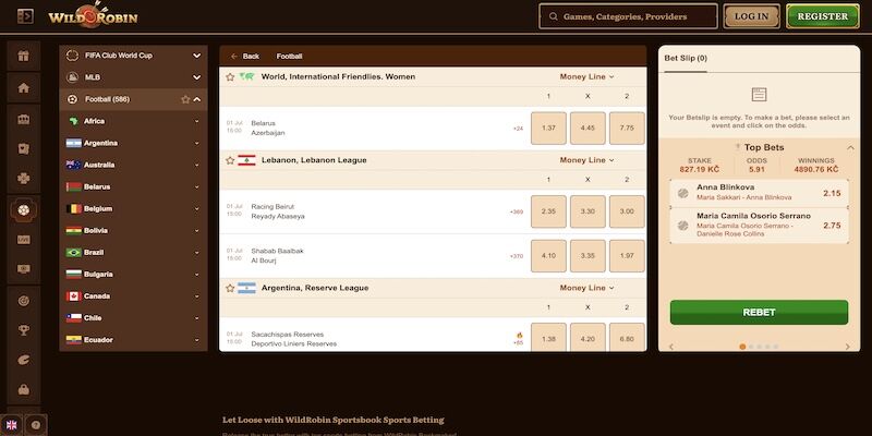 Screenshot of the Wild Robin sport page for football