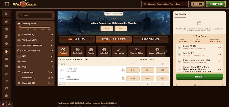 Screenshot of the Wild Robin sport page