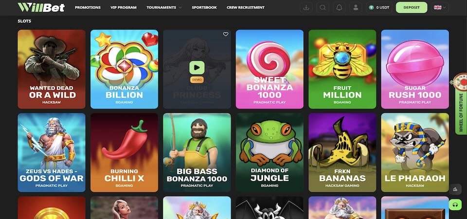 Screenshot of the WillBet casino page