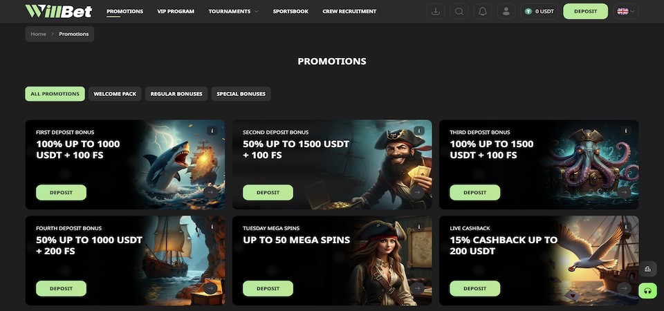 Screenshot of the WillBet promotions page
