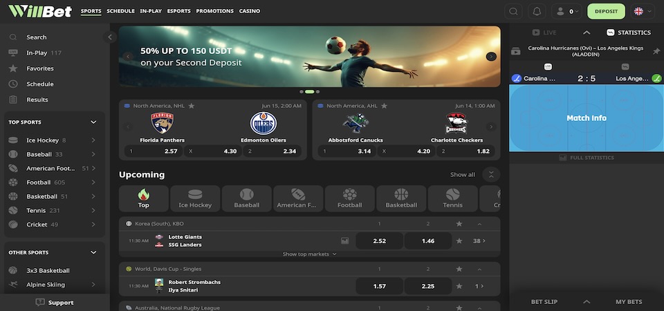 Screenshot of the WillBet sport page