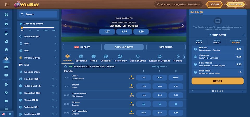 Screenshot of the Winbay sport page