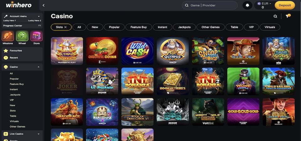 Screenshot of the WinHero casino page
